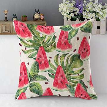 Mugod Slices of Watermelon Throw Pillow Exotic Tropical Fruit Leaves Seed Red Green Cotton Linen Square Cushion Cover Standard Pillowcase 18x18 Inch for Home Decorative Bedroom/Living Room/Car