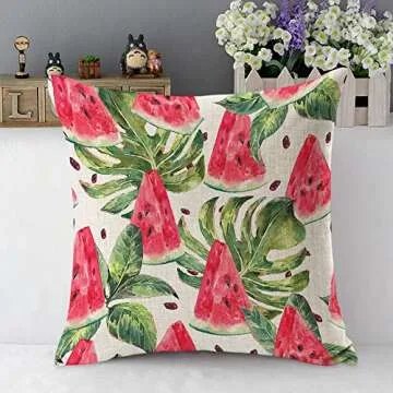 Mugod Slices of Watermelon Throw Pillow Exotic Tropical Fruit Leaves Seed Red Green Cotton Linen Square Cushion Cover Standard Pillowcase 18x18 Inch for Home Decorative Bedroom/Living Room/Car