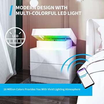 Smart RGB LED Nightstands Set of 2, High Gloss Bedside Tables with Smart LED Strip Light, RGB LED Light Controlled by Alexa or APP, White Nightstand with Two Drawer and Adjustable Lighting（White 2pcs）