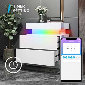 Smart RGB LED Nightstands Set of 2, High Gloss Bedside Tables with Smart LED Strip Light, RGB LED Light Controlled by Alexa or APP, White Nightstand with Two Drawer and Adjustable Lighting（White 2pcs）