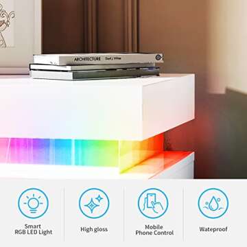 Smart RGB LED Nightstands Set of 2, High Gloss Bedside Tables with Smart LED Strip Light, RGB LED Light Controlled by Alexa or APP, White Nightstand with Two Drawer and Adjustable Lighting（White 2pcs）