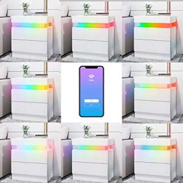 Smart RGB LED Nightstands Set of 2, High Gloss Bedside Tables with Smart LED Strip Light, RGB LED Light Controlled by Alexa or APP, White Nightstand with Two Drawer and Adjustable Lighting（White 2pcs）