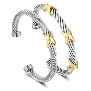 NANDUDU 2 Pcs Cuff Bracelet for Women Cable Wire Bracelet - Two Tone Twisted Bangle Bracelet - Silve...