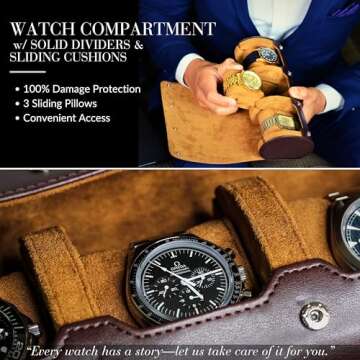 Watch Travel Case for Men Watch Roll for Travel Organizer and Display Watch Case - Swiss Espresso Vegan Leather Watch Case