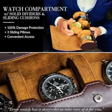 Watch Travel Case for Men Watch Roll for Travel Organizer and Display Watch Case - Swiss Espresso Vegan Leather Watch Case