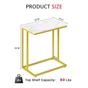 PrimeZone C Shaped Side Table - Faux Marble Wide End Table Couch Table for Bedroom & Living Room, TV Tray Table, 23" W x 13.5" D x 27" H, Gold Frame