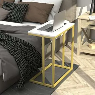 PrimeZone C Shaped Side Table - Faux Marble Wide End Table Couch Table for Bedroom & Living Room, TV Tray Table, 23" W x 13.5" D x 27" H, Gold Frame