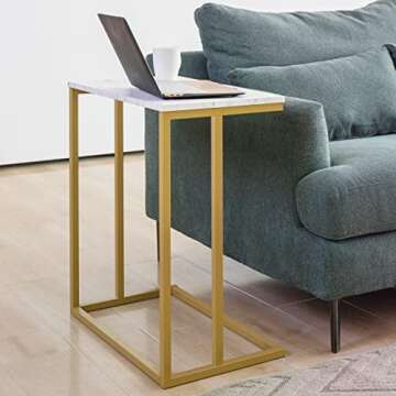 PrimeZone C Shaped Side Table - Faux Marble Wide End Table Couch Table for Bedroom & Living Room, TV Tray Table, 23" W x 13.5" D x 27" H, Gold Frame