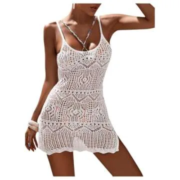 SOLY HUX Women's Spaghetti Strap Hollow Out Split Hem Beach Swimsuit Bikini Cover Up White XS