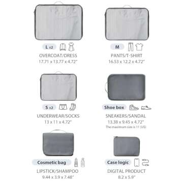 DIMJ Travel Packing Cubes - Luggage Cubes for Suitcases Packing Organizers Lightweight Suitcase Organizer for Shoes Clothes Cosmetics Toiletries 8 Set (Grey)