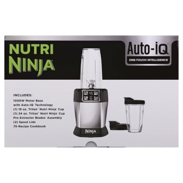Ninja BL480D Nutri Personal Countertop Blender, Auto-iQ Technology, 1000-Watts, for Frozen Drinks, Smoothies, Sauces & More, with 18-oz. & 24-oz. To-Go Cups & Spout Lids, Black/Silver