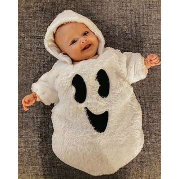 Infant Baby Girl Boy Halloween Outfits Long Sleeve Jumpsuit Ghost Romper One Piece Fall Winter Hoodie Bodysuit (White, 0-3 Months)