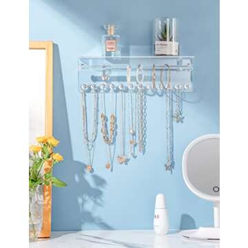 Mymazn 2 Pack Acrylic Necklace Holder with Shelf, 12 Diamond Shape Hooks and Removable Bracelet Rod, Wall Mounted Jewelry Organizer Hanging Jewelry Rack Clear Jewelry Hangers for Necklace, Bracelet