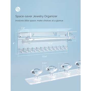 Mymazn 2 Pack Acrylic Necklace Holder with Shelf, 12 Diamond Shape Hooks and Removable Bracelet Rod, Wall Mounted Jewelry Organizer Hanging Jewelry Rack Clear Jewelry Hangers for Necklace, Bracelet