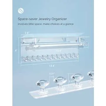 Mymazn 2 Pack Acrylic Necklace Holder with Shelf, 12 Diamond Shape Hooks and Removable Bracelet Rod, Wall Mounted Jewelry Organizer Hanging Jewelry Rack Clear Jewelry Hangers for Necklace, Bracelet