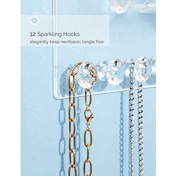 Mymazn 2 Pack Acrylic Necklace Holder with Shelf, 12 Diamond Shape Hooks and Removable Bracelet Rod, Wall Mounted Jewelry Organizer Hanging Jewelry Rack Clear Jewelry Hangers for Necklace, Bracelet