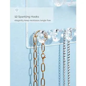 Mymazn 2 Pack Acrylic Necklace Holder with Shelf, 12 Diamond Shape Hooks and Removable Bracelet Rod, Wall Mounted Jewelry Organizer Hanging Jewelry Rack Clear Jewelry Hangers for Necklace, Bracelet