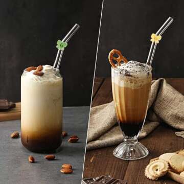 6 Pcs Reusable Glass Straws with 2 Cleaning Brushes,Colorful Shatter Resistant Bend Straws for Cockt...