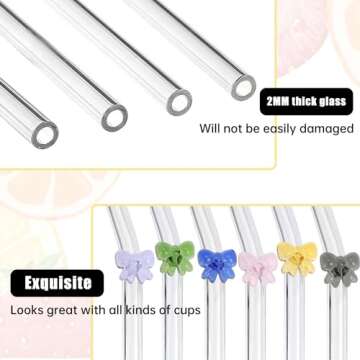 6 Pcs Reusable Glass Straws with 2 Cleaning Brushes,Colorful Shatter Resistant Bend Straws for Cocktails Smoothies Milkshakes Juices Teas Bar Accessories (bow)