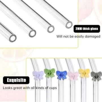 6 Pcs Reusable Glass Straws with 2 Cleaning Brushes,Colorful Shatter Resistant Bend Straws for Cocktails Smoothies Milkshakes Juices Teas Bar Accessories (bow)