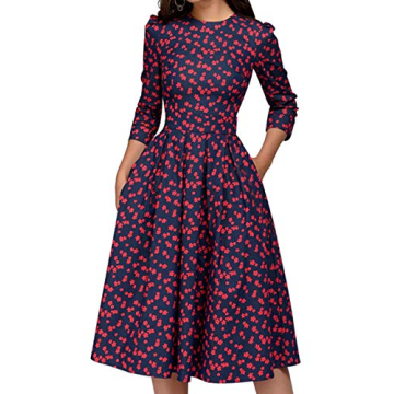Elegant Floral Vintage Midi Evening Dress for Women - Red, S