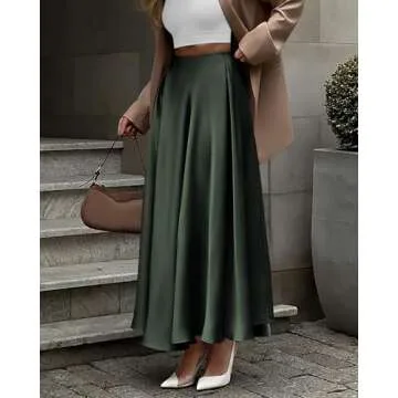 BTFBM Womens High Waist Satin Skirts Summer Fall Outfits 2025 Elegant Flowy A-Line Party Cocktail Maxi Skirt(Solid Dark Army Green, Large)