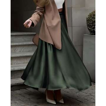 BTFBM Womens High Waist Satin Skirts Summer Fall Outfits 2025 Elegant Flowy A-Line Party Cocktail Maxi Skirt(Solid Dark Army Green, Large)