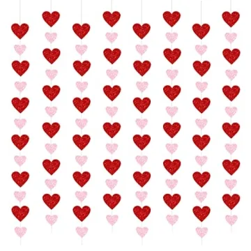 PTFNY 8 Pack Valentine's Day Glitter Heart Garland Glittery Valentines Day Heart Hanging String Garl...