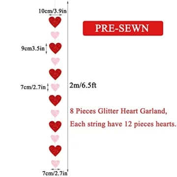PTFNY 8 Pack Valentine's Day Glitter Heart Garland Glittery Valentines Day Heart Hanging String Garland Banner Valentines Party Decorations for Engagement Bachelorette Wedding