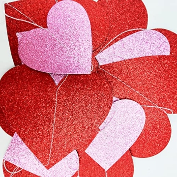 PTFNY 8 Pack Valentine's Day Glitter Heart Garland Glittery Valentines Day Heart Hanging String Garland Banner Valentines Party Decorations for Engagement Bachelorette Wedding