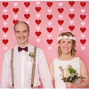 PTFNY 8 Pack Valentine's Day Glitter Heart Garland Glittery Valentines Day Heart Hanging String Garland Banner Valentines Party Decorations for Engagement Bachelorette Wedding