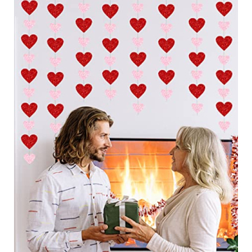 PTFNY 8 Pack Valentine's Day Glitter Heart Garland Glittery Valentines Day Heart Hanging String Garland Banner Valentines Party Decorations for Engagement Bachelorette Wedding