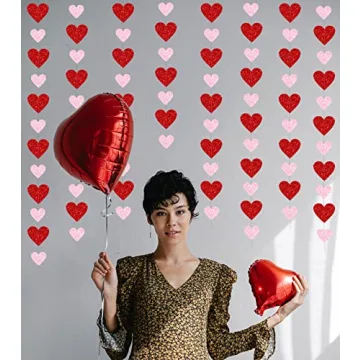 PTFNY 8 Pack Valentine's Day Glitter Heart Garland Glittery Valentines Day Heart Hanging String Garland Banner Valentines Party Decorations for Engagement Bachelorette Wedding