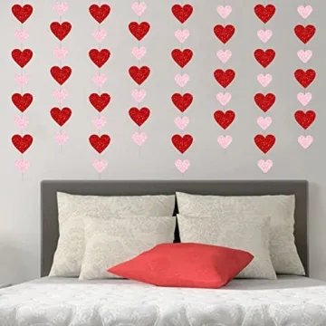 PTFNY 8 Pack Valentine's Day Glitter Heart Garland Glittery Valentines Day Heart Hanging String Garland Banner Valentines Party Decorations for Engagement Bachelorette Wedding