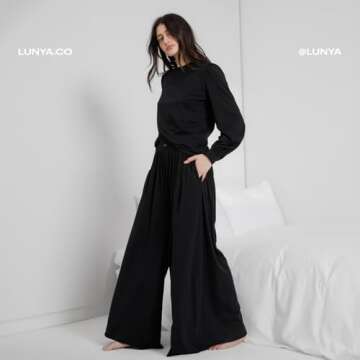 Lunya Organic Pima Wide Leg Cotton Pants for Women - Organic Cotton Palazzo Pants - High Rise Wide Waistband - Raw Hem for Customization - Relaxed Lounge Wear - X-Large - Immersed Black