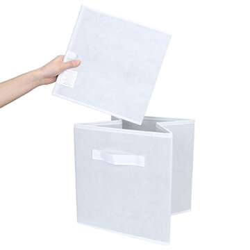 EZOWare Set of 6 Foldable Fabric Basket Bins, 10.5"x10.5"x11" Collapsible Storage Organizer Cube with Handle for Kids Clothes Baby Nursery - White