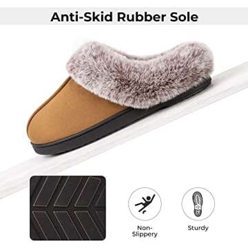 HomeTop Women's Classic Microsuede Memory Foam Slippers Durable Rubber Sole with Warm Faux Fur Collar (5-6 M, Classic Tan)