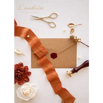 Lookein Handmade 1.5" Chiffon Silk-Like Ribbon Swatch Chart Vintage Frayed Edges Ribbon for Wedding Invitations Bouquets Gift Wrapping Decorations, Boho Terracotta