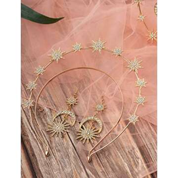 Zivyes Halo Crown Stars Goddess Crown Halo Headband Tiaras and Crowns for Women Boho Bridal Wedding Headpiece (1-Gold Crown With Earrings)