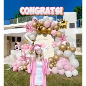 Pink and White Gold Grad Balloon garland arch kit 145pcs With Large Gold Star GRAD Letter balloons for 2025 graduations decorations Prom girl's birthday party supplies