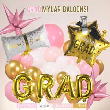Pink and White Gold Grad Balloon garland arch kit 145pcs With Large Gold Star GRAD Letter balloons for 2025 graduations decorations Prom girl's birthday party supplies