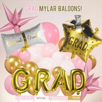 Pink and White Gold Grad Balloon garland arch kit 145pcs With Large Gold Star GRAD Letter balloons for 2025 graduations decorations Prom girl's birthday party supplies