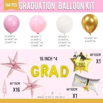Pink and White Gold Grad Balloon garland arch kit 145pcs With Large Gold Star GRAD Letter balloons for 2025 graduations decorations Prom girl's birthday party supplies