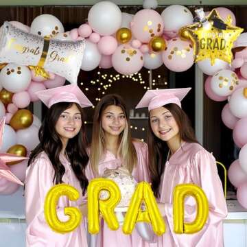 Pink and White Gold Grad Balloon garland arch kit 145pcs With Large Gold Star GRAD Letter balloons for 2025 graduations decorations Prom girl's birthday party supplies