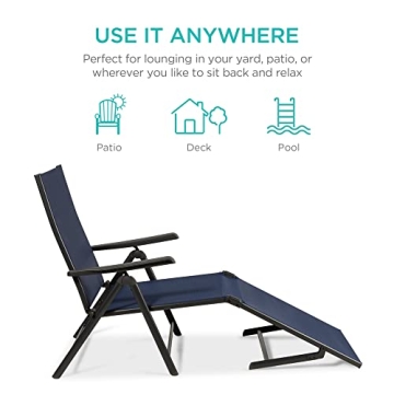Best Choice Products Set of 2 Outdoor Patio Chaise Lounge Chair Adjustable Reclining Folding Pool Lounger for Poolside, Deck, Backyard w/Steel Frame, 250lb Weight Capacity - Navy