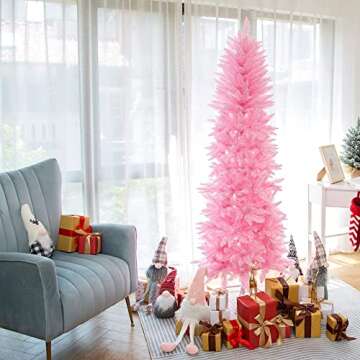 Artificial Christmas Trees, Collapsible Pink Pencil Tree with 800 Tips Metal Stand, Suitable for Home Corner, Apartment, Entryway, 6 FT
