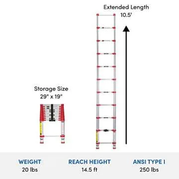Xtend & Climb Home Series New 2019, 760P+ Telescoping Extension Ladder 10.5 ft, Type II Rated up to 225 Lb, Red
