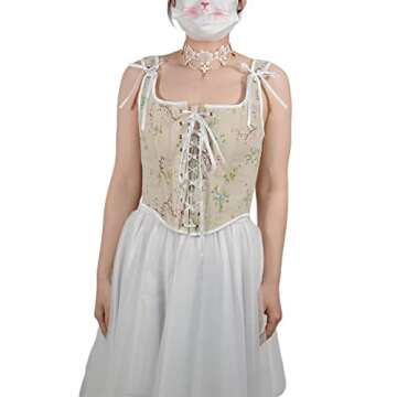 Bowanadacles Women Vintage Floral Camisole Flower Embroidery Pattern Tight Vest Drawstring Tie-up Tank Top Suspender Corset