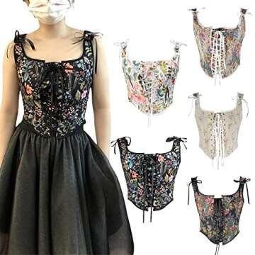 Bowanadacles Women Vintage Floral Camisole Flower Embroidery Pattern Tight Vest Drawstring Tie-up Tank Top Suspender Corset