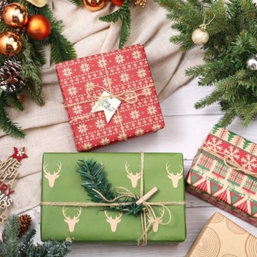 RUSPEPA Christmas Wrapping paper - Brown Kraft Paper with Red and Green Pattern For -Christmas Elements Collection-6 Roll-30Inch X 10Feet Per Roll